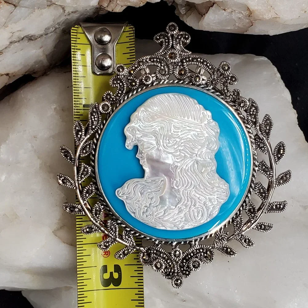 Large Cameo Pendant Brooch Sterling Silver 925 Genuine Turquoise Mother Of Pearl